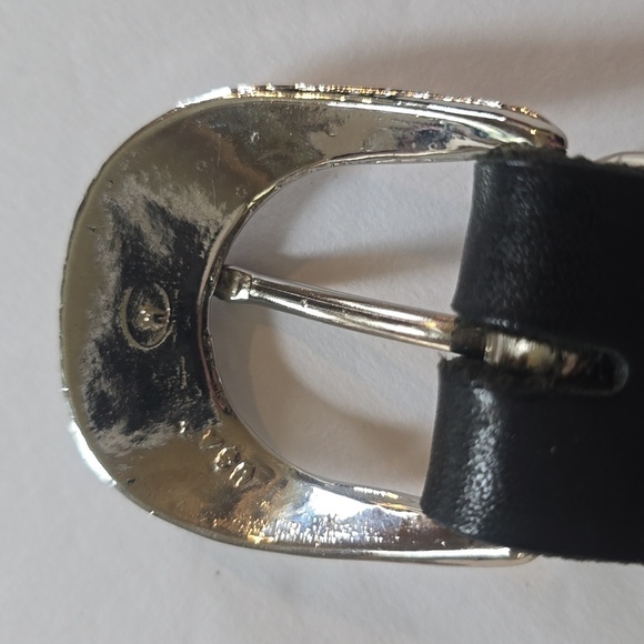 Womens Black Leather belt Silver Oblong Filigree Embellishments Sz.34